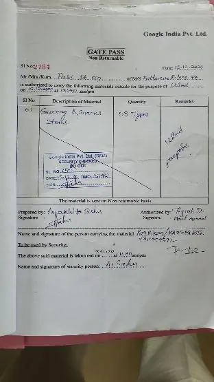 Food items and provisions received from Google India